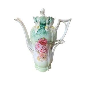 Antique R.S. Prussia Red Mark Chocolate Pot White Green Pink Roses Gold 9.5” SEE